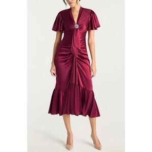 NWT Cinq à Sept Peeta Crystal Brooch Satin Cocktail Midi Dress 2 Red Formal Glam